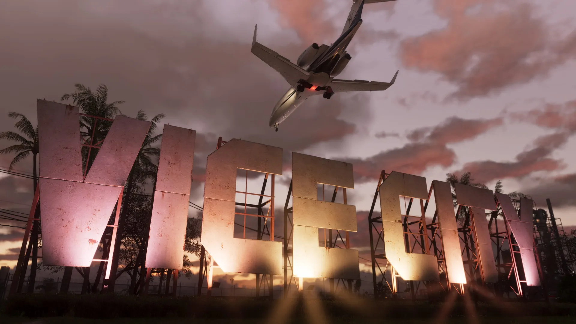 Vice City skyline with waterfront towers in an official GTA VI screenshot